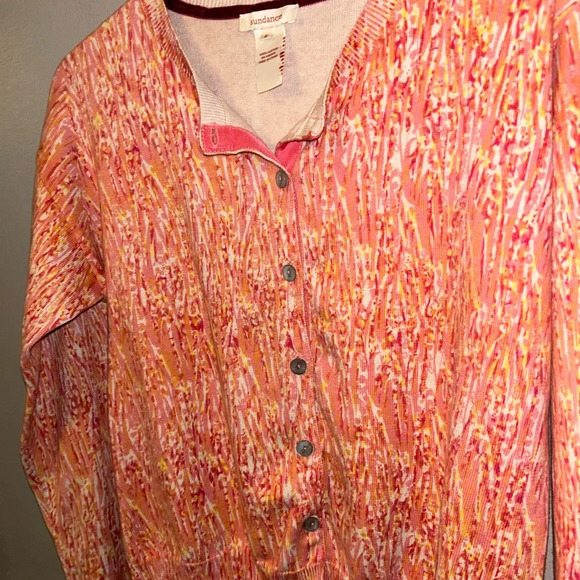 Sundance sweater - pink/orange abstract print button front fitted cardigan - Picture 7 of 9
